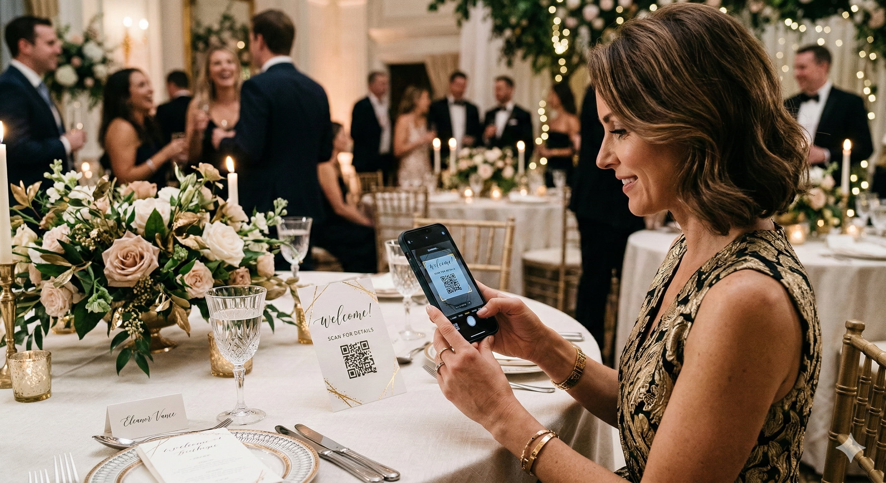 Guest upload route shown as a QR code at an event